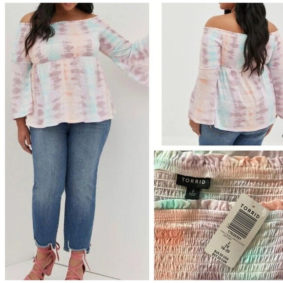 NWT Torrid 2 Pastel Tie Dye Smocked Off Shoulder Smocked Babydoll Top, 2X 18-20 - Picture 2 of 9